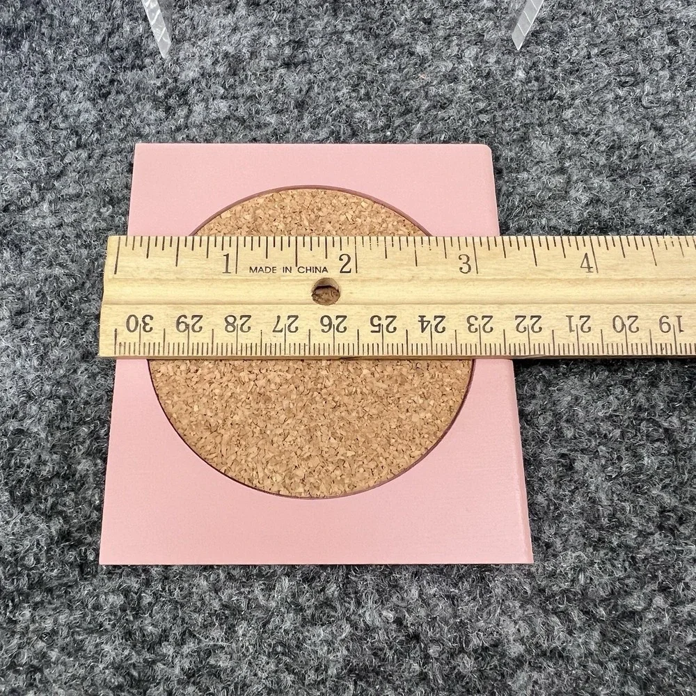 Vtg Set of 6 Pink Wood & Cork Square Coasters & Floral Blue Ribbon Storage Box